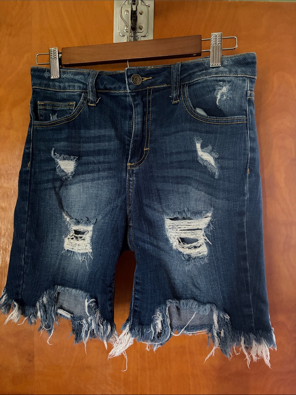 Cello Dark Blue Distressed Denim Shorts with Frayed Hem